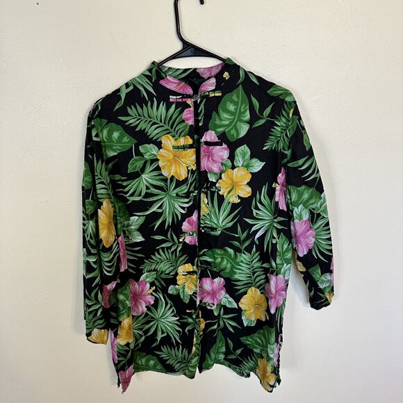Lauren Ralph Lauren Womens Tunic Black Floral Linen Shirt Large Mandarin - Picture 7 of 8